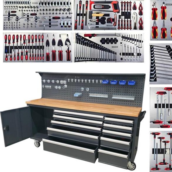 RETTER RS2 Chariot datelier Établi avec 10 tiroirs et compartiment à porte, 260 outils inclus