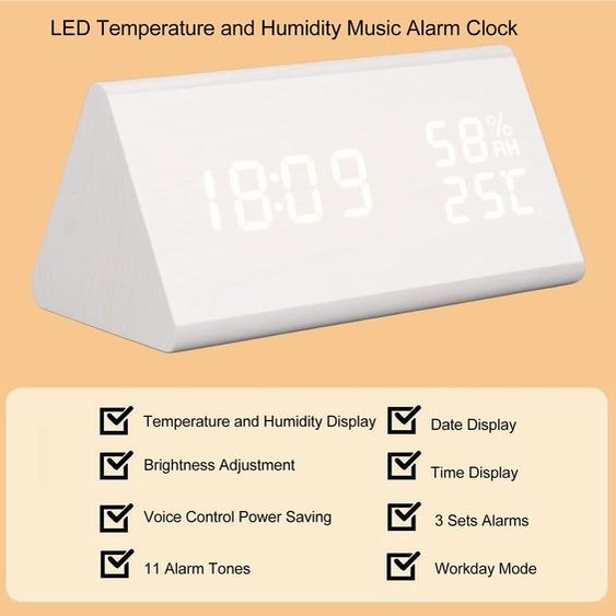 Réveil numérique à LED, réveil en bois polyvalent avecvocale, humidité, température, affichage de lheure hebdomadaire, bois blanc