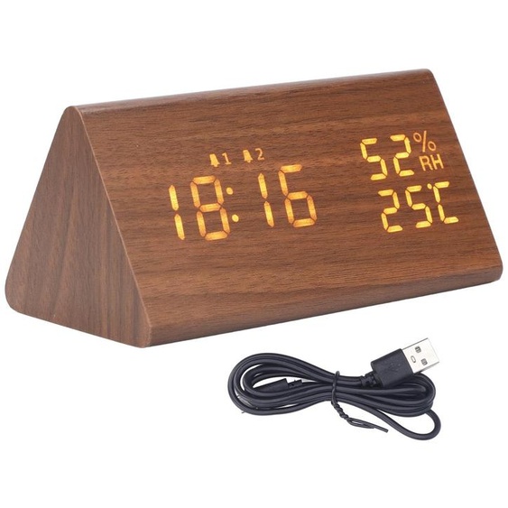 Réveil numérique à LED, réveil multifonction en bois avecvocale, humidité, température, affichage de la semaine, bois brun