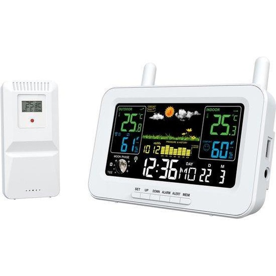 Réveil-station météo sans fil, écran couleur, thermomètre, hygromètre, capteur extérieur, port USB