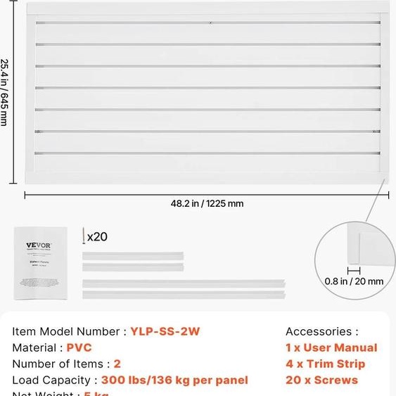 Revêtement mural Slat, PVC durable, solution de rangement ajustable, blanc, 2 x 4ft 8sqft