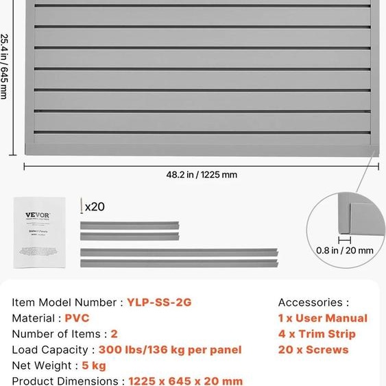 Revêtement mural Slat, PVC durable, solution de rangement ajustable, gris, 2 x 4ft 8sqft