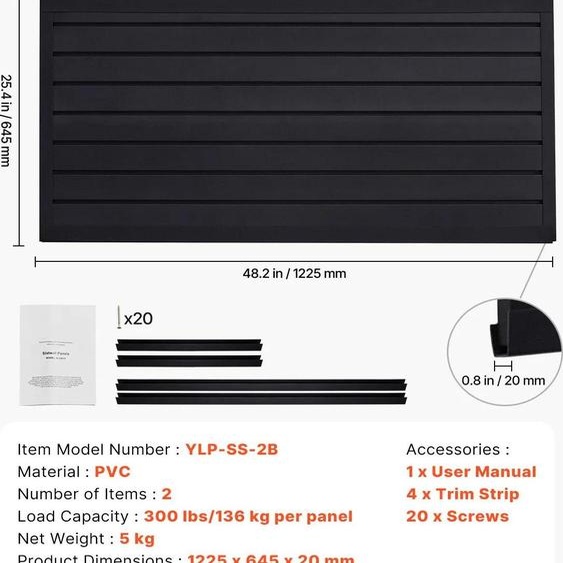 Revêtement mural Slat, PVC durable, solution de rangement ajustable, noir, 4 x 4ft 16sqft