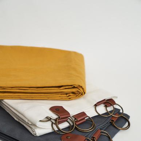 PRIX FOUS Rideau à anneaux en coton jaune et pattes simili cuir