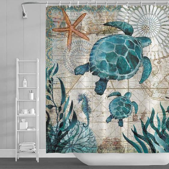 Rideau de Douche Anti-moisissure Salle de Bain Rideau Baignoire 180x180 Mer Tortue Marine Beaux Imprimés en Tissu avec 12 Crochets