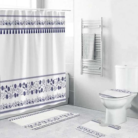 Rideau de Douche - COSYHOMES - Fleur Bleue - Imperméable - 180 x 180 cm - Ensemble de 4 pièces