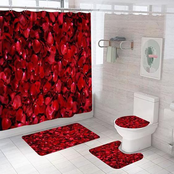 Rideau de douche Set Rose Fleur Tapis de bain Tapis de toilette Couverture de lèvre avec crochet 180x180cm