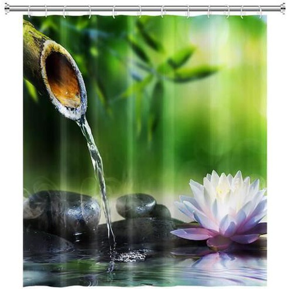 Rideau de douche - Zen - Bambous Lotus Galets Eau - Polyester Imperméable - 180x200 cm