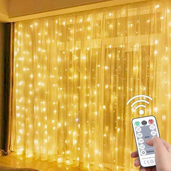 Rideaux Lumineux LED Guirlande Lumineuse,3m x 3m 300 Rideaux Lumineux LED USB Guirlande Lumineuse 8 Modes avec Télécommande Blanc