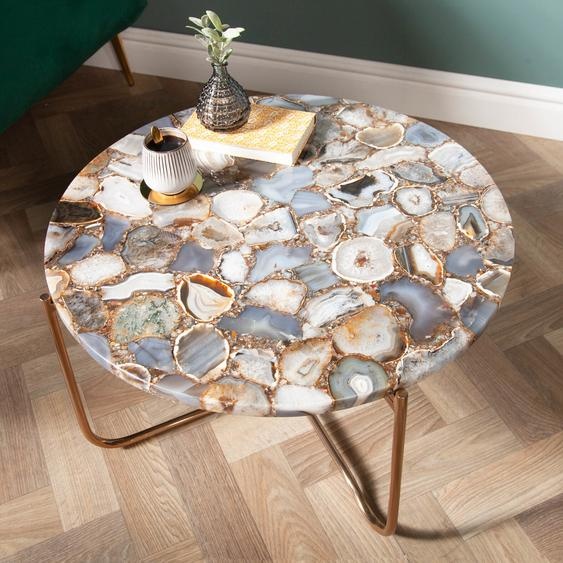 riess-ambiente Table basse ronde NOBLE 65 cm, pierre précieuse (agate), plateau amovible, piètement en métal doré, table dappoint