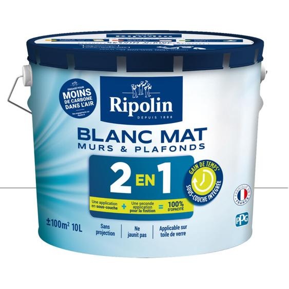 Ripolin - Peinture Blanc Mat pour Murs et Plafonds avec Sous-Couche Intégrée - 10L
