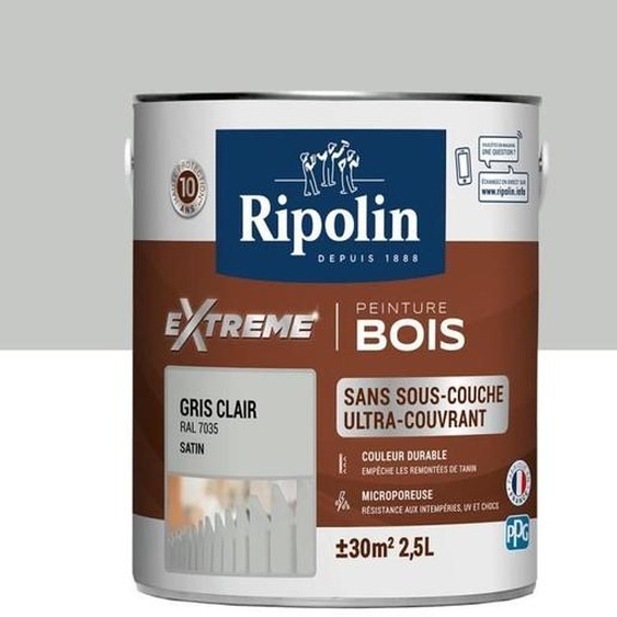 RIPOLIN peinture pour bois intérieur et extérieur - gris clair Ral 7035 Satin, 2,5 l