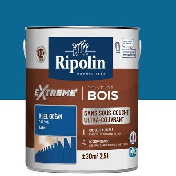 RIPOLIN peinture pour bois intérieur et extérieur - Ocean Blue Ral 5017 Satin, 2,5 l