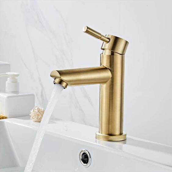 Robinet Lavabo Robinet Salle De Bain, Moderne Design Élégant Laiton Doré Brossé Mitigeur Lavabo, Eau Chaude Et Froide Disponible, Valve En Céramique