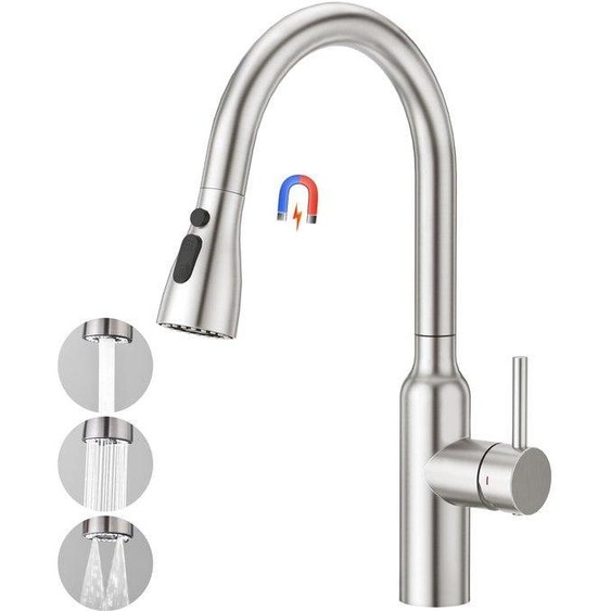 Robinet à haute pression avec 3 jets deau, douchette extractible, mitigeur monocommande, robinet à haute pression, robinet dévier, pivotant à 360°, en acier inoxydable brossé mat