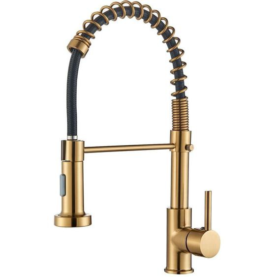 Zamery - Robinet Cuisine doré Brossé, Mitigeur Cuisine Avec Douchette Extractible Pivotant à 360° dÉvier à Arc Élevé Pulvérisateur Escamotable 2