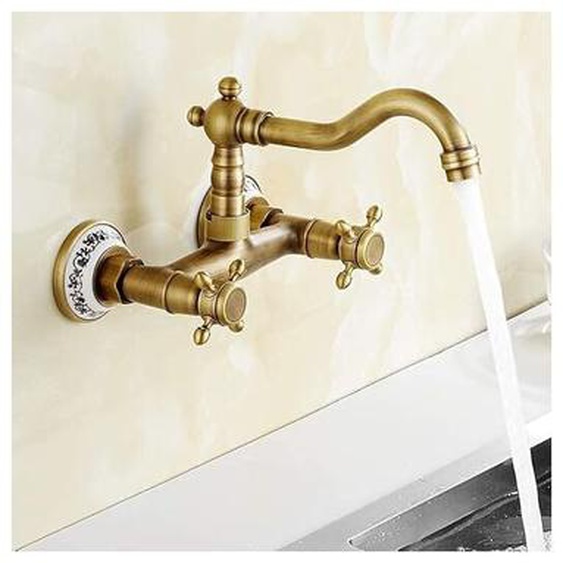 Robinet cuisine, Robinet de cuisine Mur Robinet lavabo vintage avec céramique en laiton avec eau froide et chaude mélangeur dévier antique (ancien)