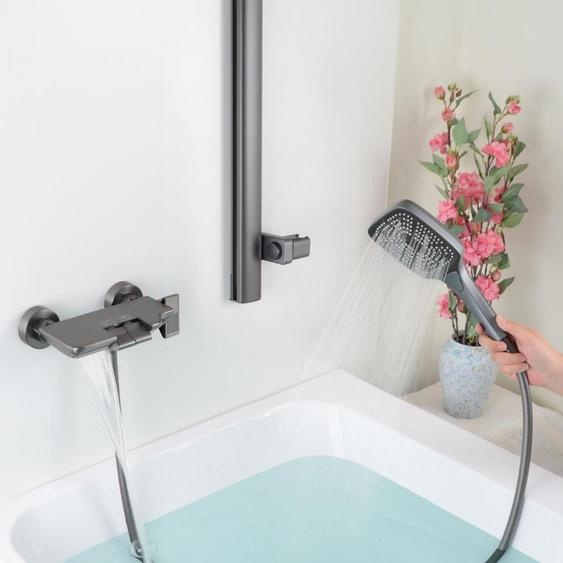 Robinet de baignoire avec cascade et douchette à main, montage mural, 3 modes de douche, barre de douche réglable, laiton, gris