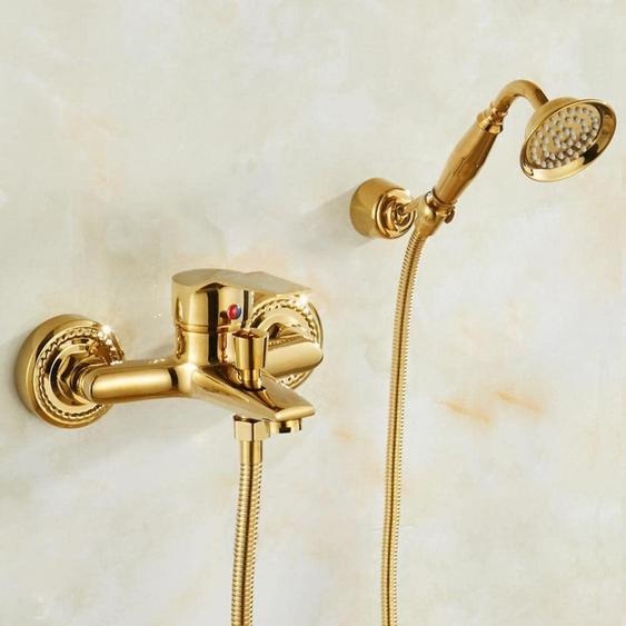 Robinet de baignoire avec douchette à main, finition dorée, en laiton, raccordement 1/2 pouce