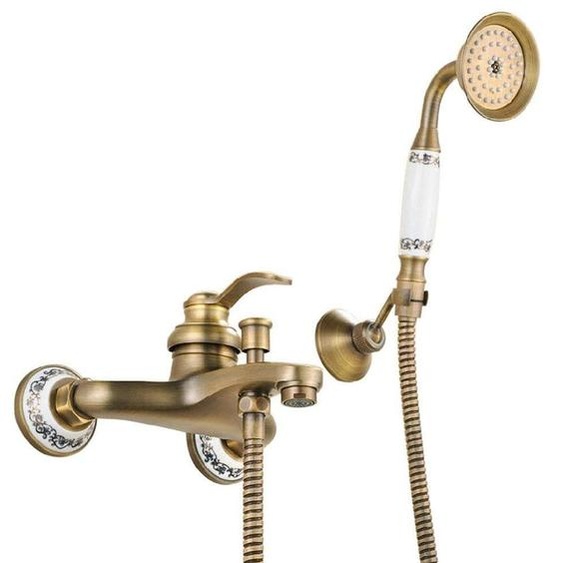 Robinet de baignoire avec douchette à main, fixation murale, laiton, style rétro, finition brossée, distance entre les supports : 150 mm