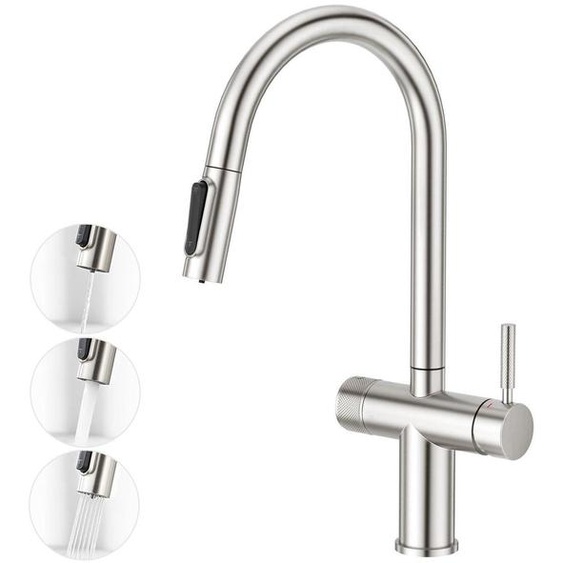 Robinet de cuisine 3 fonctions avec douchette extractible, en acier inoxydable brossé