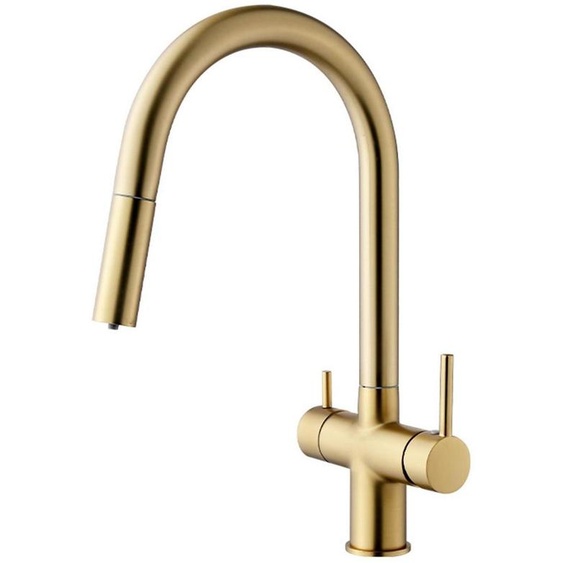 Robinet de cuisine, 3 fonctions, extensible, finition dorée brossée, pivotant, en laiton