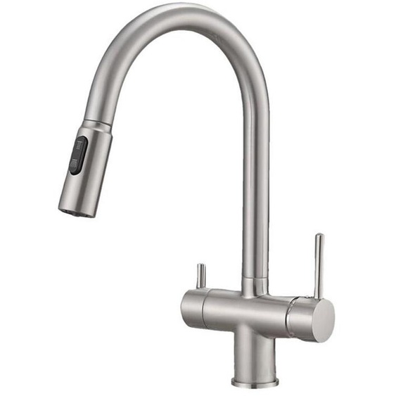 Robinet de cuisine 3 voies, extractible, en laiton, avec 2 poignées, compatible avec les systèmes dosmose, pivotant