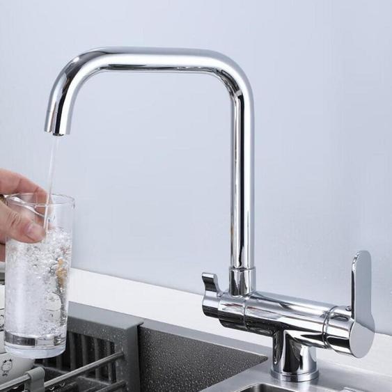Robinet de cuisine, 3 voies, pivotant à 360°, avec 2 poignées, en laiton chromé