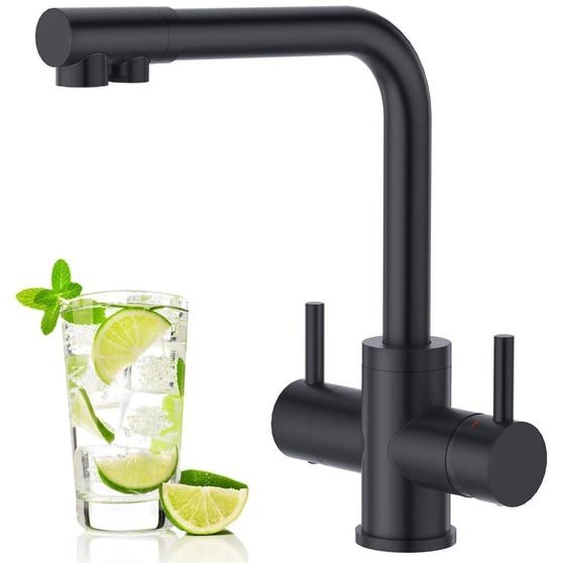 Robinet de cuisine 4 voies en acier inoxydable noir, à deux leviers, pour eau potable et eau gazeuse