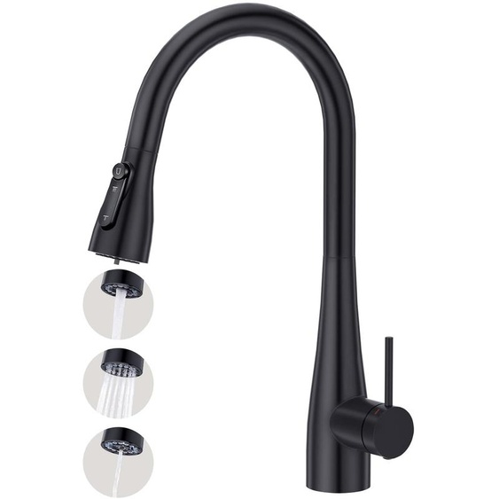 Robinet de cuisine à 3 voies, avec douchette extractible et robinet deau potable, de couleur noire