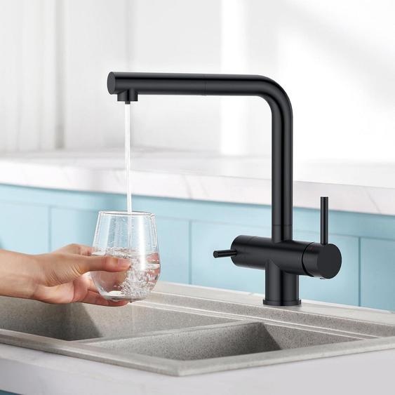 Robinet de cuisine à 3 voies, extractible, en acier inoxydable, noir
