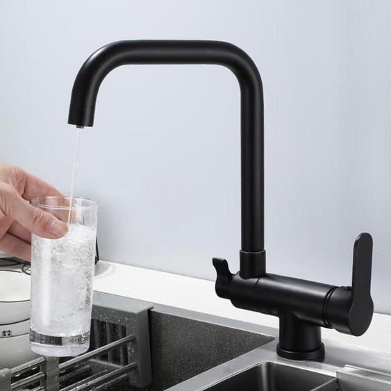 Robinet de cuisine à 3 voies, pivotant à 360°, en laiton noir, pliable