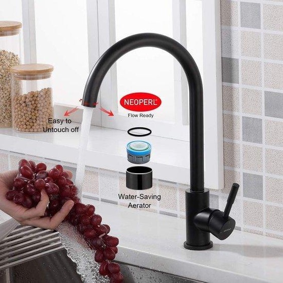 Robinet de cuisine avec bec pivotant à 360° et démarrage à froid, mitigeur monocommande pour évier de cuisine, acier inoxydable, noir