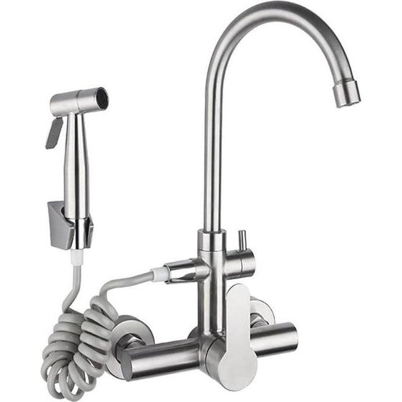 Robinet de cuisine avec douchette et 2 types de jet, pivotant à 360°, en acier inoxydable