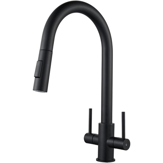 Robinet de cuisine avec douchette extractible, bec flexible, mélangeur à deux leviers, finition noire mate