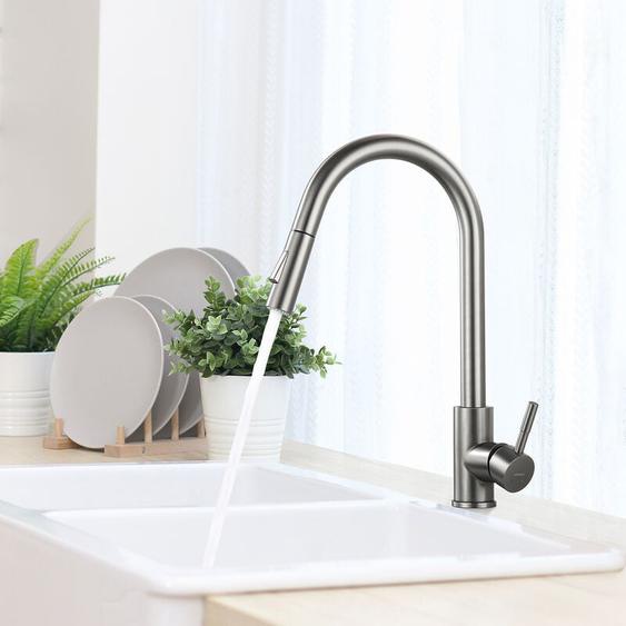 Lonheo - Robinet de Cuisine avec Douchette Extractible Gris Foncé Rotatif à 360 ° en Acier Inoxydable Mitigeur Cuisine dÉvier 2 Fonctions Mélangeur