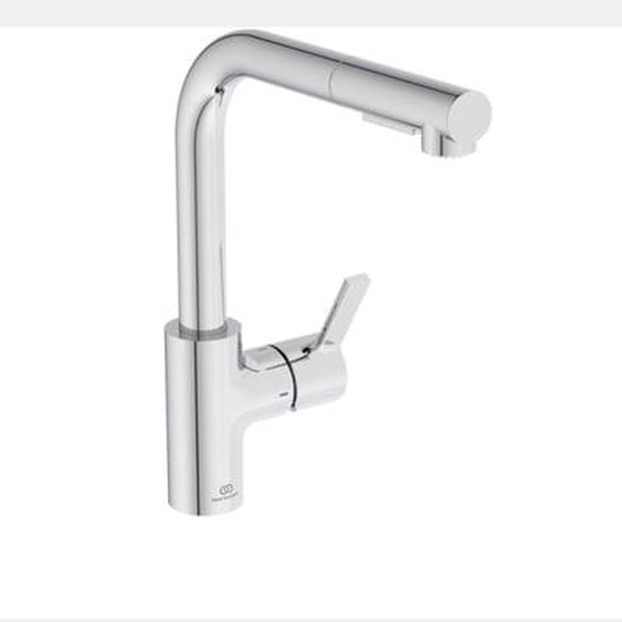 Robinet de cuisine avec douchette Gusto bec L 2 jets chromé + microfibre