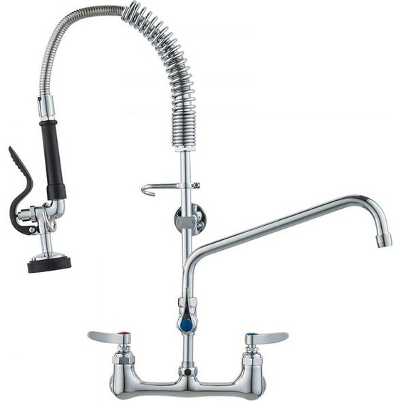 Robinet de cuisine commercial avec douchette de pré-évier - Hauteur 63 cm - Bec pivotant 305 mm - Montage mural - Construction en laiton - Douchette extensible - Pour évier 1/2/3 compartiments