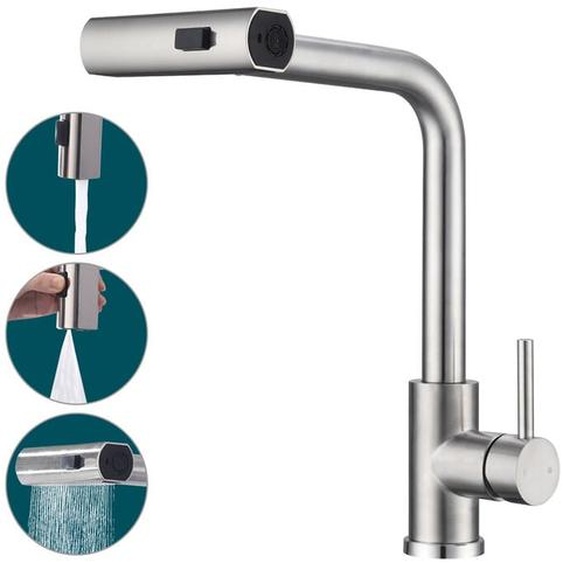 Robinet de Cuisine Douchette Extractible Robinetterie de Cuisine 3 Jets aux Choix Mitigeur de Cuisine avec Douchette Mitigeur Dévier en Acier Brossé