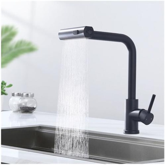 Robinet de Cuisine Douchette Extractible Robinetterie de Cuisine 3 Jets aux Choix Mitigeur de Cuisine avec Douchette Mitigeur Dévier en Acier Noir