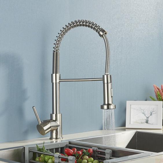Robinet de cuisine extensible Single Bar agitateur avec 2 Fonctions douche 360 ° brosse spirale nickel laiton
