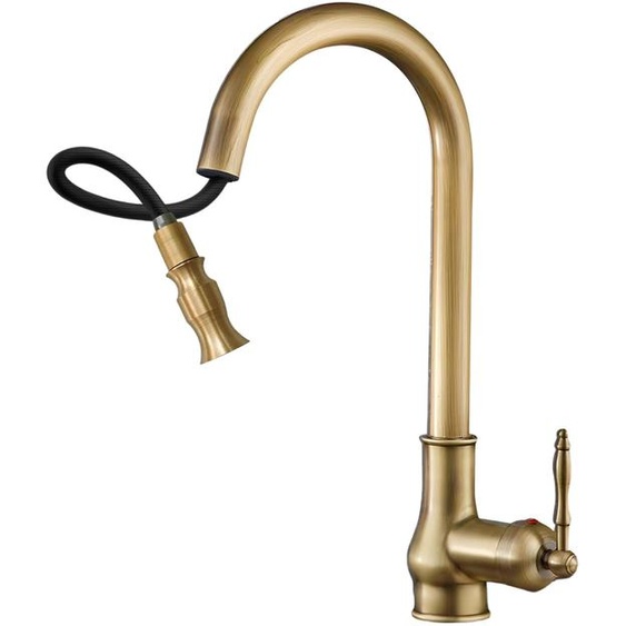 Robinet de cuisine extractible en laiton, style antique, pivotant à 360°, pour installation sur un trou