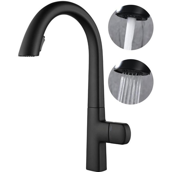 Robinet de cuisine extractible, noir, rotatif à 360°, avec 2 fonctions de pulvérisation deau et finition en cuivre