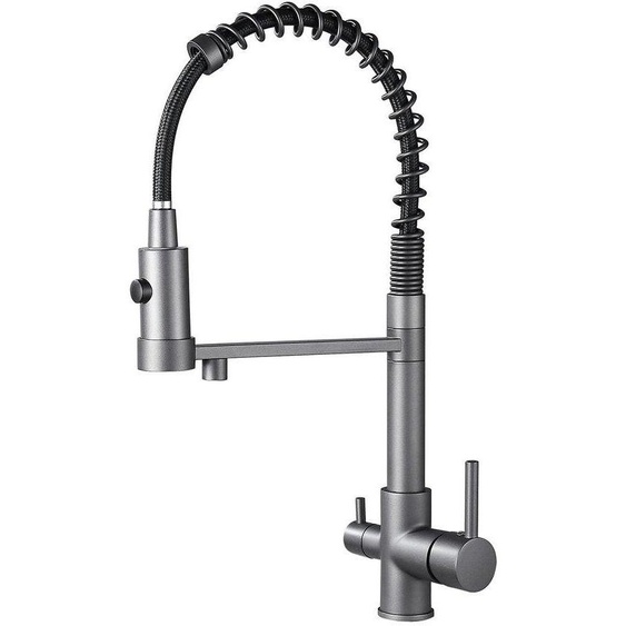 Robinet de cuisine gris à 3 voies, mitigeur pivotant à 360°, mitigeur dévier avec bec flexible, robinet de cuisine pour eau froide et chaude avec filtre (gris)