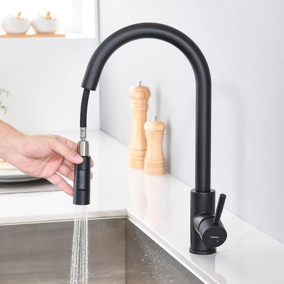 Robinet de Cuisine Lonheo Noir mat - Douchette Extractible - Rotatif à 360 ° - Acier Inoxydable - Mitigeur dÉvier - 2 Fonctions Mélangeur