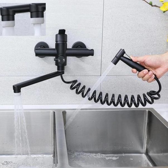 Robinet de cuisine noir moderne avec douchette et rotation à 360 degrés