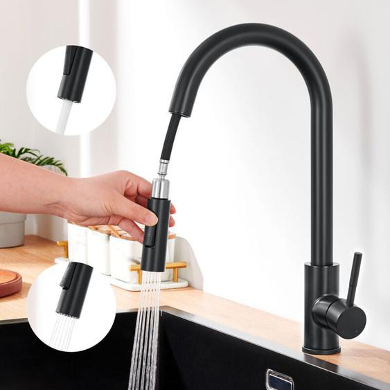 Lonheo - Robinet de Cuisine Noire avec 2 Fonctions Douchette Extractible Mitigeur Cuisine Rotatif à 360° en Acier Inoxydable