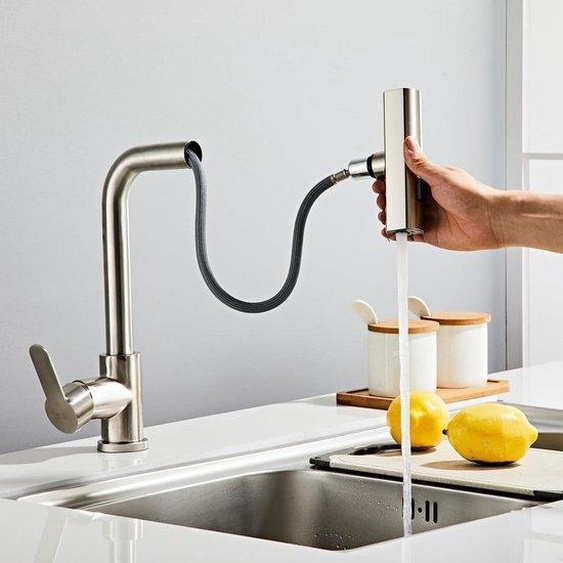 Robinet de cuisine pivotant avec douchette - Deux types de jet - Rotation à 360 degrés - Acier inoxydable - Mitigeur pour lave-vaisselle