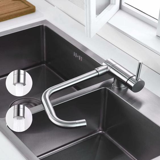 Onece - Robinet de Cuisine Rabattable avec 2 Jets deau, Mitigeur Évier Repliable Pivotant à 360°, Robinetterie devant Fenêtre, Robinet Pliable en