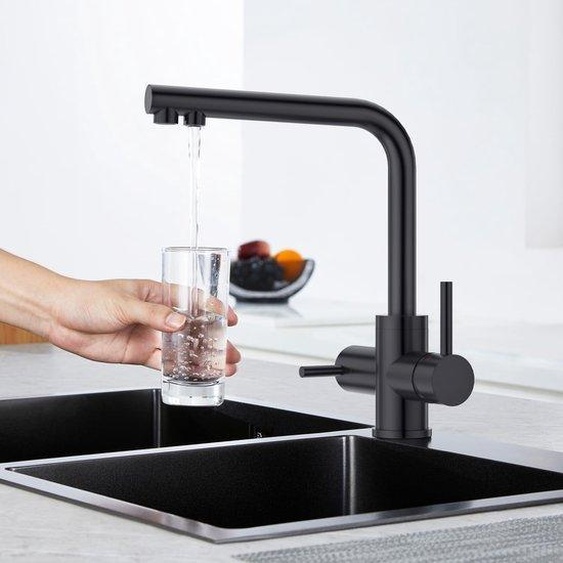 Robinet de cuisine triple noir, robinet de cuisine pivotant à 360°, mitigeur de cuisine 3-en-1 pour filtre à eau, tuyau deau potable avec double levier, robinet triple, noir mat